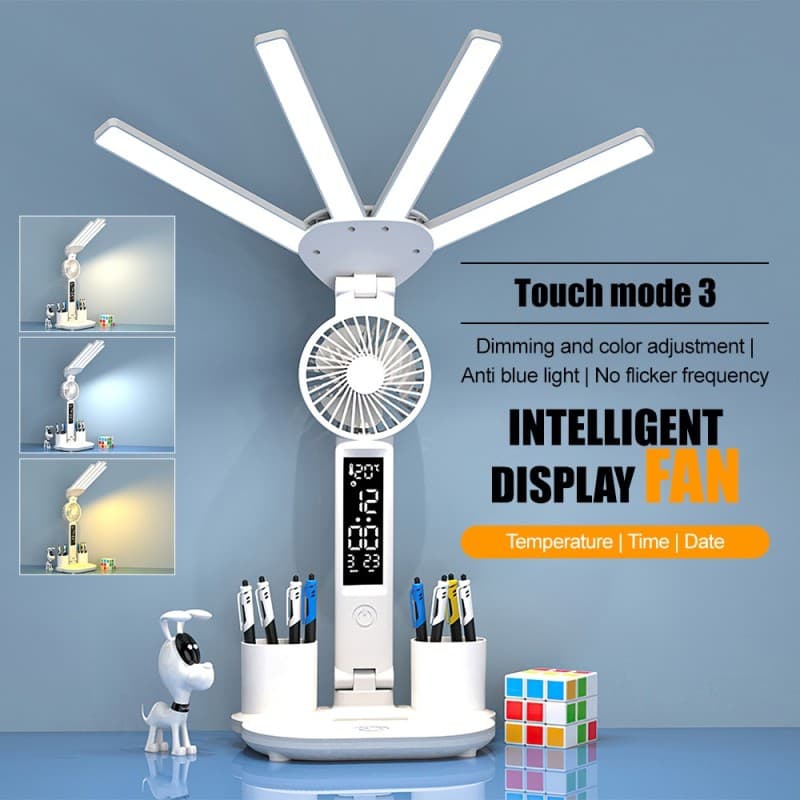 DeskBreeze Pro four-head LED desk lamp with built-in fan and clock display